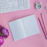 Mockup open notebook with pink flowers